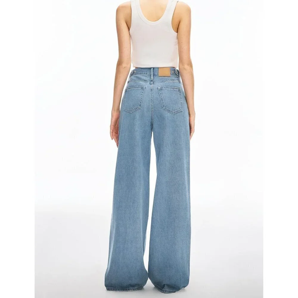Women's Wide Leg High Rise Baggy Jeans Light Blue 28 Adjustable Snap
